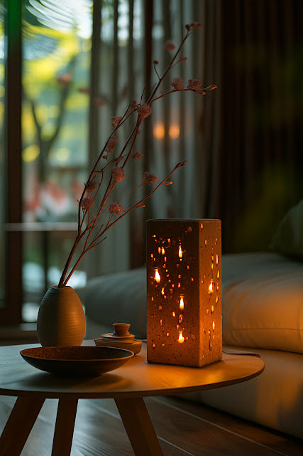 Handmade Travertine Stone Lamp: Perforated Modern Ambient Lighting| Warm ambient lighting for cozy home décor| Unique handcrafted home gifts for her| Decorative lamps for living room and bedroom