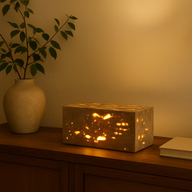 Handmade Travertine Stone Lamp: Perforated Modern Ambient Lighting| Warm ambient lighting for cozy home décor| Unique handcrafted home gifts for her| Decorative lamps for living room and bedroom